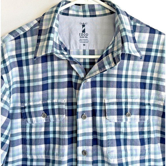 Izod Seaside Twill Shirt Men's Size M Long Sleeve Button Up Pockets Blue Plaid - Picture 3 of 6